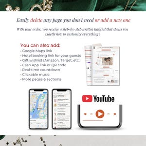 Emerald Green Quinceañera Website Invitation with Google Maps, hotel booking links, gift registry, clickable music, countdown timer, Cash App links, and custom pages. Editable Canva RSVP invitation for Sweet 16 and XV Años events.