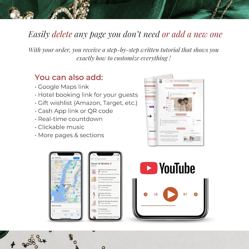 Emerald Green Quinceañera Website Invitation with Google Maps, hotel booking links, gift registry, clickable music, countdown timer, Cash App links, and custom pages. Editable Canva RSVP invitation for Sweet 16 and XV Años events.