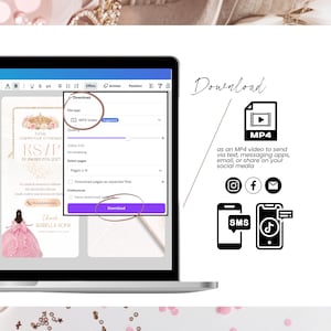 Editable quinceañera video invitation Canva interface showing customization of text, timing, photos and backgrounds, digital invitation template, pink blush gold design, fully customizable Sweet 16 video invite with professional layout