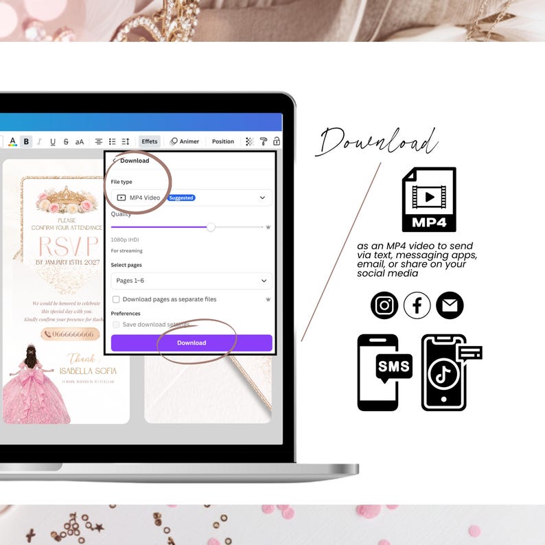 Editable quinceañera video invitation Canva interface showing customization of text, timing, photos and backgrounds, digital invitation template, pink blush gold design, fully customizable Sweet 16 video invite with professional layout