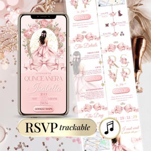 Quinceañera Digital Invitation Sweet 16 Coquette – Pink Bow 15 Años RSVP Website – Editable Canva Template Custom Birthday Instant Download