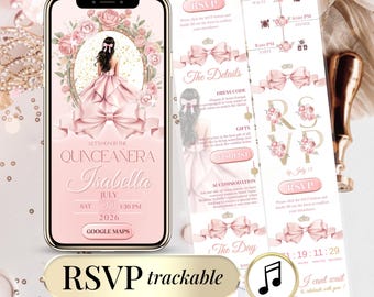 Quinceañera Digital Invitation Sweet 16 Coquette – Pink Bow 15 Años RSVP Website – Editable Canva Template Custom Birthday Instant Download