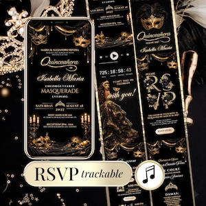 Puede incluir: Diseño de invitación de Quinceañera en negro y dorado con máscaras de mascarada y escritura elegante. La invitación incluye detalles del evento, información de RSVP y un icono de nota musical. El diseño se muestra en un teléfono inteligente y tarjetas de invitación.