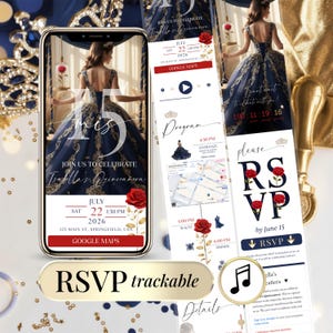 Invitación Quinceañera Bella y la Bestia Digital – Sweet 16 Editable Website con RSVP, Countdown y Música | Plantilla Canva Personalizable