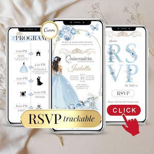 Convite Digital Quinceanera Azul Claro Modelo Floral Editável Celebração de 15º Aniversário - Convite de 15º Aniversário e RSVP Online