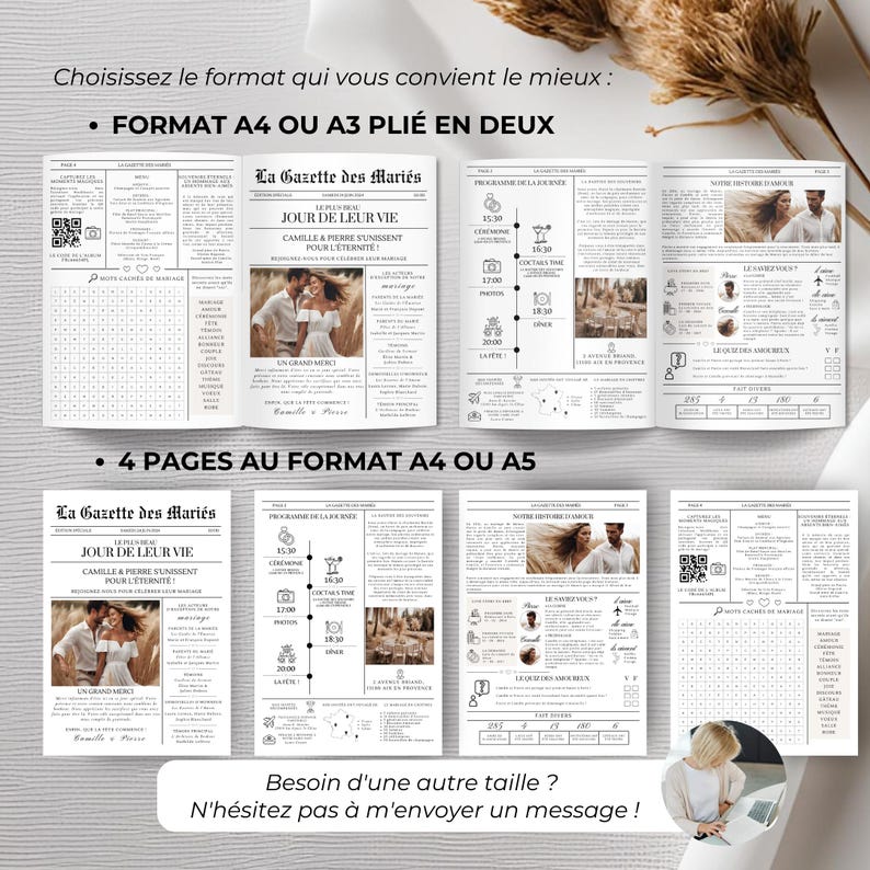 Gazette des Mariés Modèle Faire Part Mariage Template Canva Invitation Mariage Personnalisable Journal Mariage Modèle Canva A3 et A4