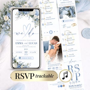 Peut inclure: Une invitation de mariage numérique sur un écran de smartphone, avec un design floral bleu et blanc. L'invitation comprend le texte "we do", les noms, la date et l'heure. Une chronologie et les détails RSVP sont également affichés.
