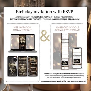 Modern digital birthday invitation with online RSVP, Canva website template and embedded Google Forms RSVP. Editable milestone birthday invite for 50th, 40th, 30th, or any age. Includes countdown, details section, instant download, fully customizable design. Perfect online birthday evite for men or women, send via SMS, WhatsApp, or email.