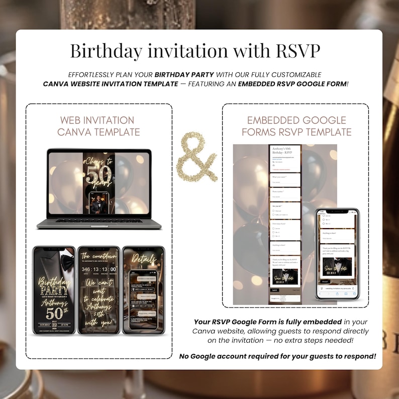 Modern digital birthday invitation with online RSVP, Canva website template and embedded Google Forms RSVP. Editable milestone birthday invite for 50th, 40th, 30th, or any age. Includes countdown, details section, instant download, fully customizable design. Perfect online birthday evite for men or women, send via SMS, WhatsApp, or email.