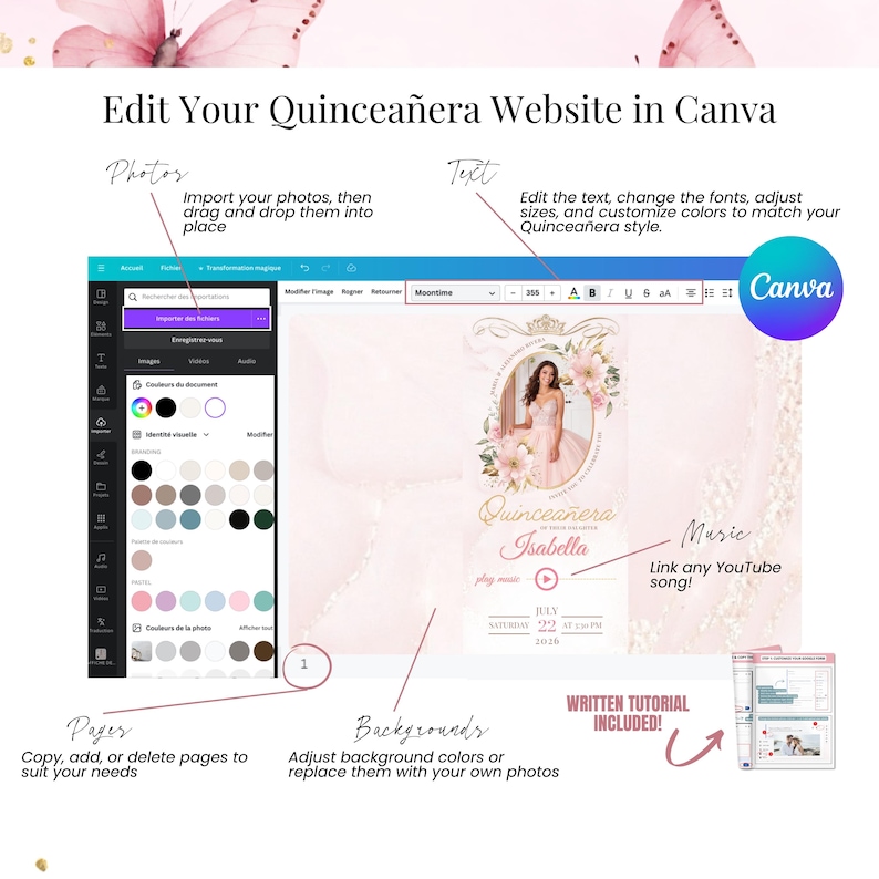 Step-by-step view of editing a Quinceañera digital invitation website in Canva. Users can import photos, change text and fonts, link YouTube music, adjust backgrounds, and customize pages. Canva interface shown with pastel pink floral design and detailed editing options. Ideal for Sweet 16 or 15th birthday invitations. Written tutorial included for easy customization without Canva Pro.