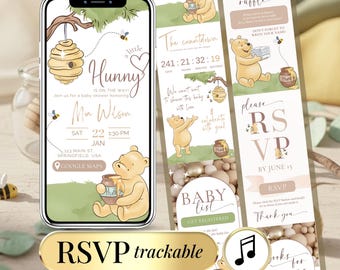 Winnie the Pooh Baby Shower Invitation Template | Digital Evite with RSVP | Editable Teddy Bear Honey Invite for Boy or Girl Gender Neutral