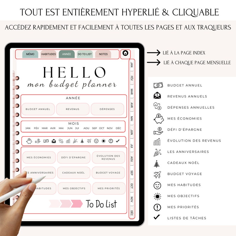 Budget Planner Français Digital non daté pour goodnotes, Suivi financier mensuel et annuel, Planificateur de Budget Non Daté, Agenda budget