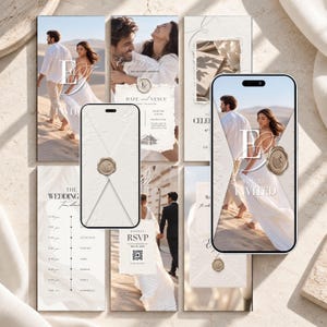 Op de afbeelding: Een digitale trouwkaartenset weergegeven op twee smartphones en diverse verticale kaarten. De ontwerpen tonen een koppel op een strand, witte enveloppen met reliëf bloemmotieven en gouden waszegels met een zwaan-embleem. Tekst bevat You're Invited, Emma & James, Date and Venue en RSVP.