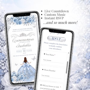 Cinderella Quinceañera website invitation with RSVP form, music, countdown timer, and elegant blue floral princess design. Editable Canva invitation template for Sweet 16, XV Años, and royal-themed birthday celebrations.