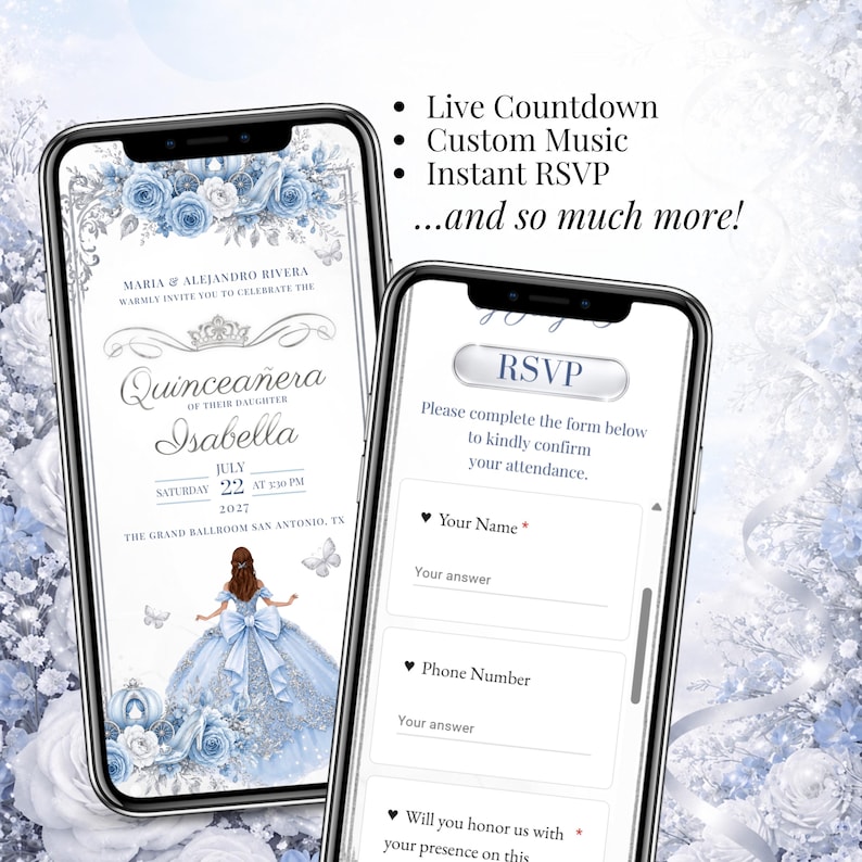 Cinderella Quinceañera website invitation with RSVP form, music, countdown timer, and elegant blue floral princess design. Editable Canva invitation template for Sweet 16, XV Años, and royal-themed birthday celebrations.