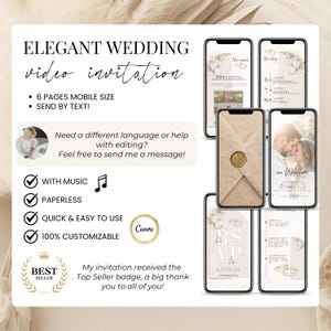 Elegant animated wedding video invitation template editable in Canva, mobile-friendly 6-page format, includes RSVP, ceremony details, and music. Digital wedding invite with envelope animation, customizable text, and paperless delivery via WhatsApp, SMS, or email. Best seller wedding e-card for modern, eco-friendly couples looking for stylish and easy-to-send wedding announcements.