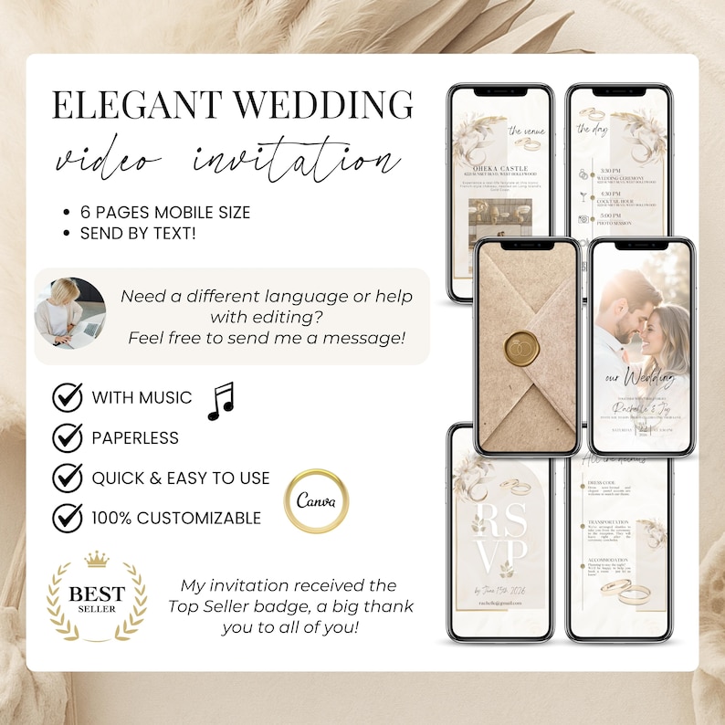 Elegant animated wedding video invitation template editable in Canva, mobile-friendly 6-page format, includes RSVP, ceremony details, and music. Digital wedding invite with envelope animation, customizable text, and paperless delivery via WhatsApp, SMS, or email. Best seller wedding e-card for modern, eco-friendly couples looking for stylish and easy-to-send wedding announcements.