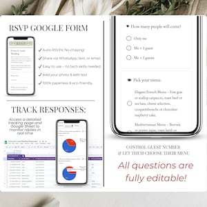 RSVP Google Form included with editable wedding questions, guest count, meal choices and real-time tracking. Mobile preview of digital wedding invitation form and Google Sheet analytics with response charts. Auto-RSVP, paperless, easy to use, share via WhatsApp, text or email. Perfect for digital sage green wedding invitation Canva template with online RSVP.