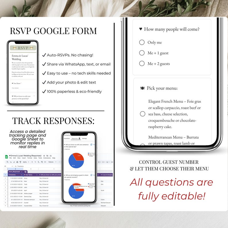 RSVP Google Form included with editable wedding questions, guest count, meal choices and real-time tracking. Mobile preview of digital wedding invitation form and Google Sheet analytics with response charts. Auto-RSVP, paperless, easy to use, share via WhatsApp, text or email. Perfect for digital sage green wedding invitation Canva template with online RSVP.