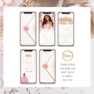 Editable quinceañera video invitation Canva template showing mobile pages layout and customization options, pink blush gold design, easily delete or add pages, digital Sweet 16 invitation, elegant princess theme video invite for personalized event