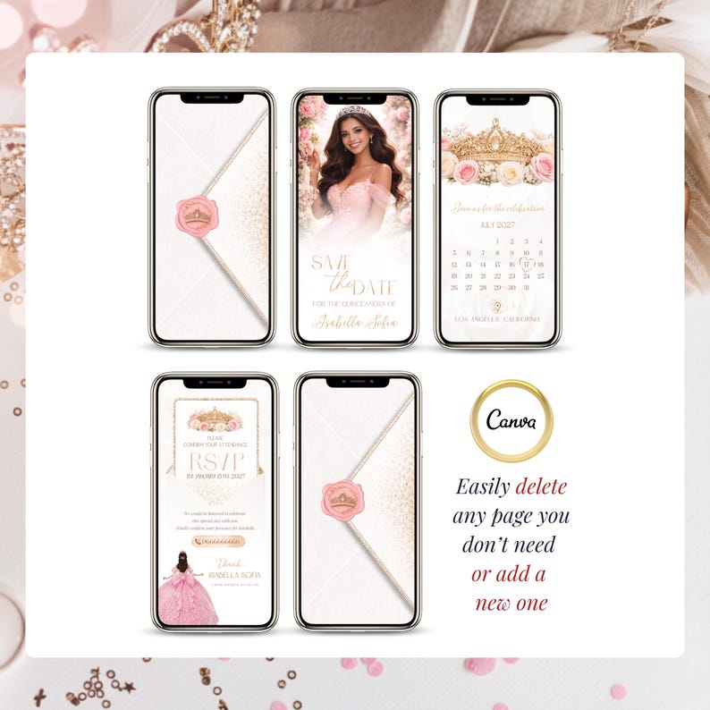 Editable quinceañera video invitation Canva template showing mobile pages layout and customization options, pink blush gold design, easily delete or add pages, digital Sweet 16 invitation, elegant princess theme video invite for personalized event