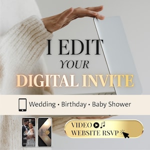 Könnte beinhalten: Werbebild für digitale Einladungsdienste. Der Text lautet "I edit your digital invite" in Schwarz und Gold. Enthält Symbole für Hochzeit, Geburtstag und Babyparty. Mit einem Laptop und zwei Telefon-Mockups.