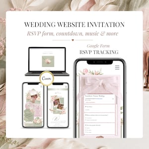 Wedding RSVP website invitation Canva template with editable Google RSVP form, guest response tracking, mobile wedding website invitation and pastel pink floral wedding design