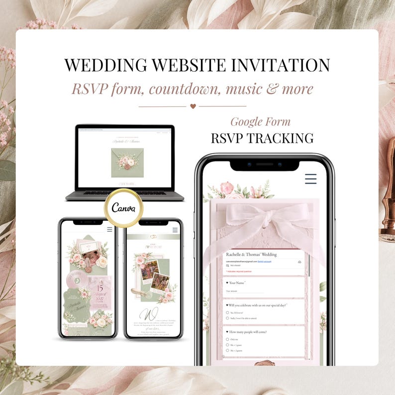 Wedding RSVP website invitation Canva template with editable Google RSVP form, guest response tracking, mobile wedding website invitation and pastel pink floral wedding design