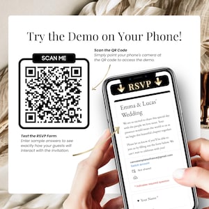 Wedding RSVP demo with QR code and mobile preview, digital wedding invitation Canva template with interactive Google Form RSVP. Guests can scan QR code to access online wedding website invite, submit responses easily, and track attendance. Modern animated digital wedding invitation with RSVP, countdown timer, music, and elegant black gold design, perfect for eco-friendly stylish couples.