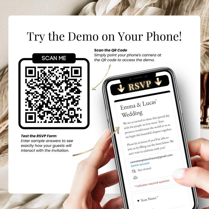 Wedding RSVP demo with QR code and mobile preview, digital wedding invitation Canva template with interactive Google Form RSVP. Guests can scan QR code to access online wedding website invite, submit responses easily, and track attendance. Modern animated digital wedding invitation with RSVP, countdown timer, music, and elegant black gold design, perfect for eco-friendly stylish couples.
