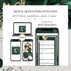 Emerald Green Quinceañera Invitation Website with RSVP Link, editable Canva template featuring Google RSVP form, online RSVP tracking, music player, countdown timer, and elegant emerald green and champagne gold princess design for Sweet 16 and XV Años celebrations.