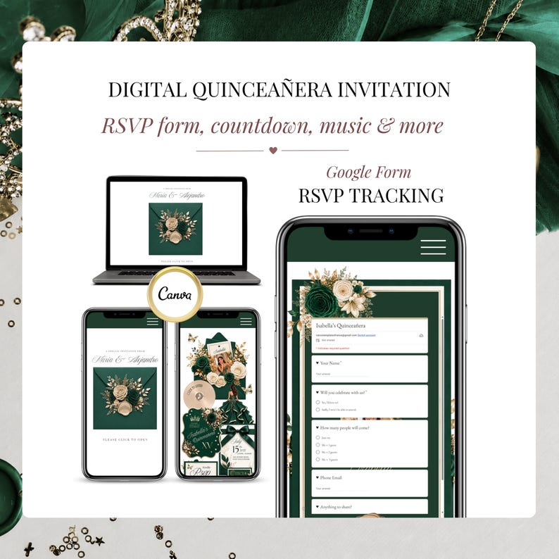 Emerald Green Quinceañera Invitation Website with RSVP Link, editable Canva template featuring Google RSVP form, online RSVP tracking, music player, countdown timer, and elegant emerald green and champagne gold princess design for Sweet 16 and XV Años celebrations.