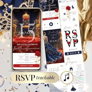 Beauty & the Beast Digital Quinceañera Invitation Website – Sweet 16 Online Invite with RSVP Form Tracker Countdown, Editable Canva Template