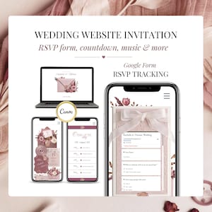 Elegant romantic blush pink wedding RSVP website invitation Canva template with editable Google RSVP form, guest response tracking, wedding timeline, countdown timer and interactive mobile wedding invitation design