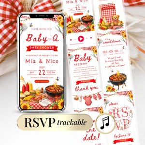 Baby Q BBQ Baby Shower Invitation Gender Neutral | RSVP Website Digital Invite Canva Template | Red Gingham Picnic Editable Online Invite