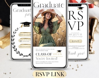 Zaproszenie na uroczystość ukończenia szkoły 2026 z linkiem RSVP, edytowalny szablon Canva, cyfrowe zaproszenie na uroczystość ukończenia szkoły 2026 z funkcją śledzenia RSVP