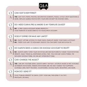 Wedding Website FAQ explaining Canva editing, lifetime access, RSVP forms, YouTube music, guest access, publishing and digital wedding invitation features.