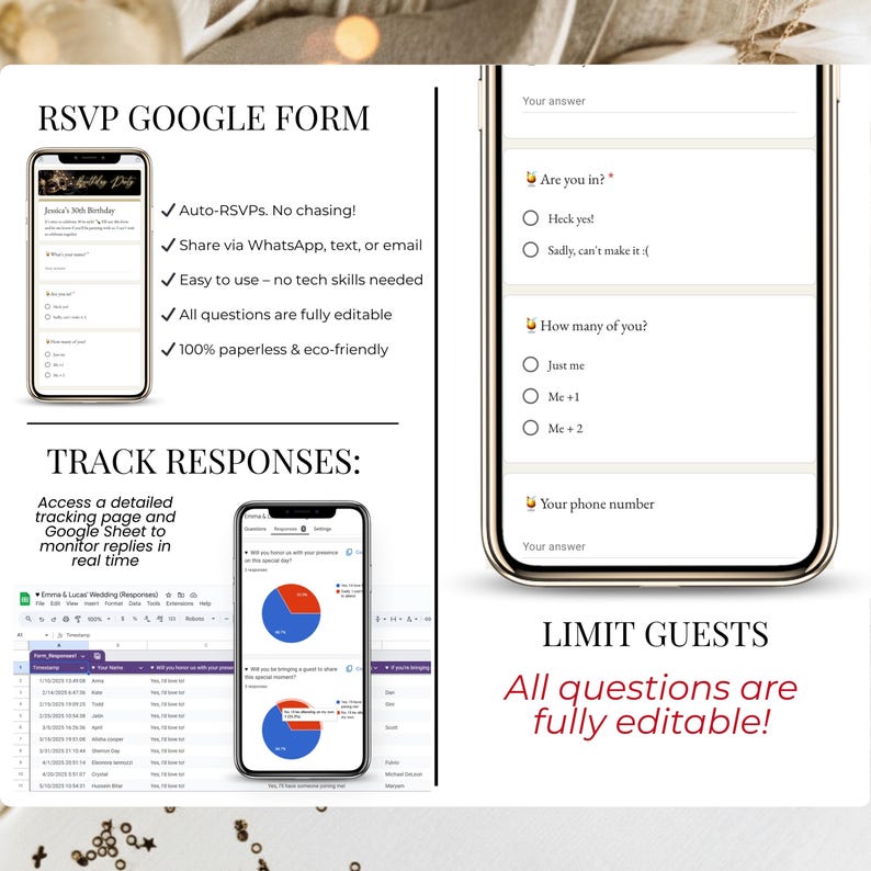 May include: Image showcasing a digital RSVP form on a smartphone, with options for guests to respond. The form includes fields for attendance, guest count, and phone number. Text highlights features like auto-RSVPs, easy use, and editable questions.