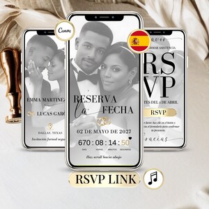 May include: A wedding invitation design displayed on three smartphones. The central phone features a couple and the text "RESERVA la FECHA" and "02 DE MAYO DE 2027". Other phones show RSVP details and couple's photos.