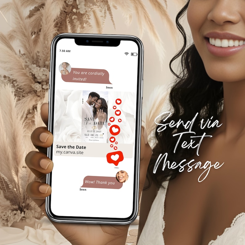 May include: A smartphone screen shows a wedding invitation with the text "Save the Date" and a photo of a couple. The screen displays a text message conversation with the words "You are cordially invited!" and "Wow! Thank you." The phone is held by a person.