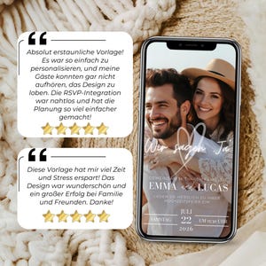 Anpassbare digitale Hochzeitseinladung – stilvolles Canva-Design mit RSVP-Integration und Gästelisten-Tracking per Google-Formular. Zeitgemäße Lösung für elegante und nachhaltige Hochzeiten.