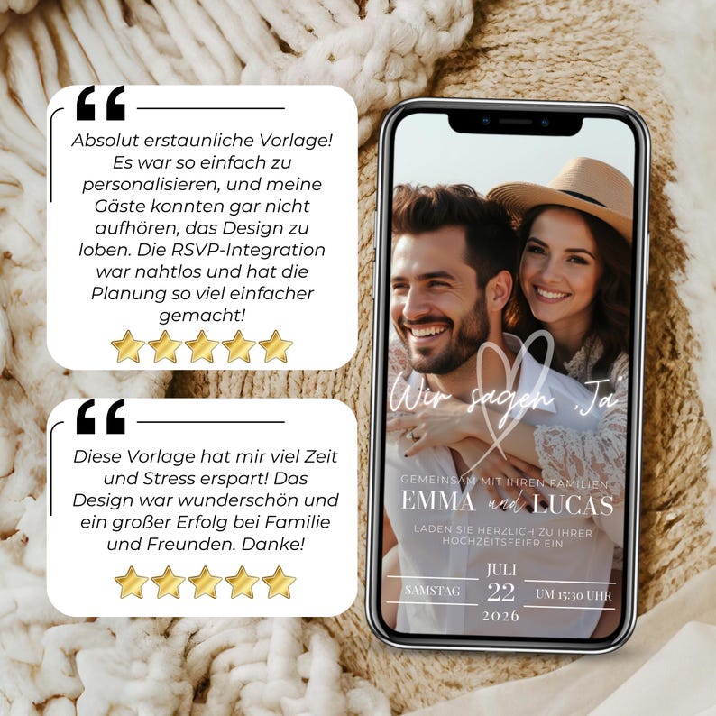 Anpassbare digitale Hochzeitseinladung – stilvolles Canva-Design mit RSVP-Integration und Gästelisten-Tracking per Google-Formular. Zeitgemäße Lösung für elegante und nachhaltige Hochzeiten.