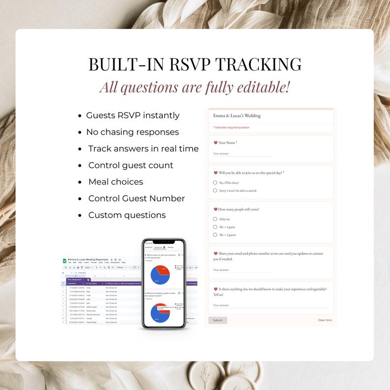 Wedding Website Invitation with editable Google Form RSVP, instant guest responses, meal choices, guest count tracking, custom questions and real-time RSVP management for weddings.