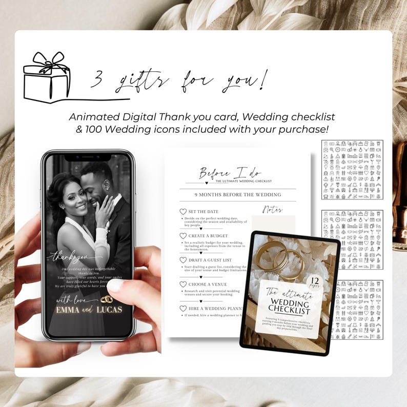Bonus gifts included with digital wedding invitation – animated thank you card on phone, printable wedding checklist and 100 wedding icons shown on screen – Canva templates included with purchase, editable and easy to customize, perfect for planning and sharing – Templates4Branding