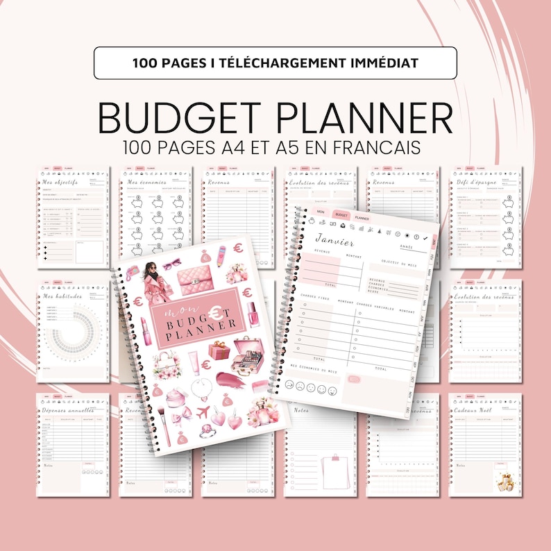 Budget planner français, non daté, avec checklist, suivi des dépenses mensuelles et annuelles. Idéal pour une gestion financière organisée. Design pratique pour impression ou utilisation digitale, adapté aux objectifs financiers personnels.