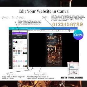 Editable 40th Birthday Digital Invitation for Men – Whiskey Theme Canva Template. Customize your online birthday card with editable text, fonts, colors, photos, backgrounds and bonus glitter numbers 0-9 for any milestone age. Easy to use with written tutorial included. Perfect digital invitation for men, ideal for 40th birthday but also 50th or 60th celebrations. Instant download and share via SMS, WhatsApp or email.