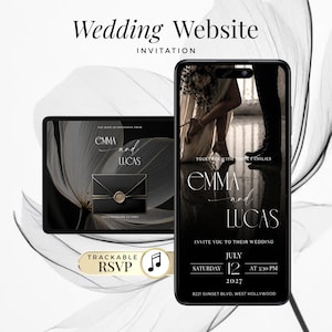Op de afbeelding: Een digitale huwelijksuitnodiging weergegeven op een tablet en smartphone. De uitnodiging bevat de namen "Emma en Lucas" in elegant schrift, samen met huwelijksdetails. Het ontwerp is zwart-wit met bloemaccenten.