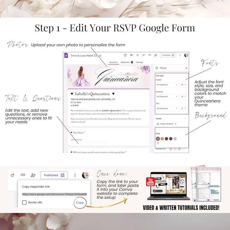 How to Edit Your RSVP Google Form for this Editable Quinceañera Invitation - Digital Mis Quince Años Invite