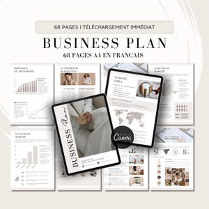 Puede incluir: Una plantilla de plan de negocios en francés con 68 páginas. La plantilla está diseñada en un estilo minimalista con un fondo beige y texto negro. La plantilla incluye secciones para el análisis de mercado, las proyecciones financieras y la marca.