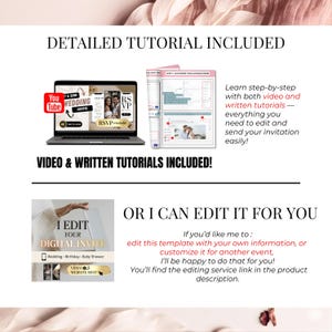 Detailed tutorial included for editing digital wedding invitation, video + written guide, learn step-by-step how to customize RSVP, music, colors and countdown, Canva editable website for wedding guests, easy setup for beginners.